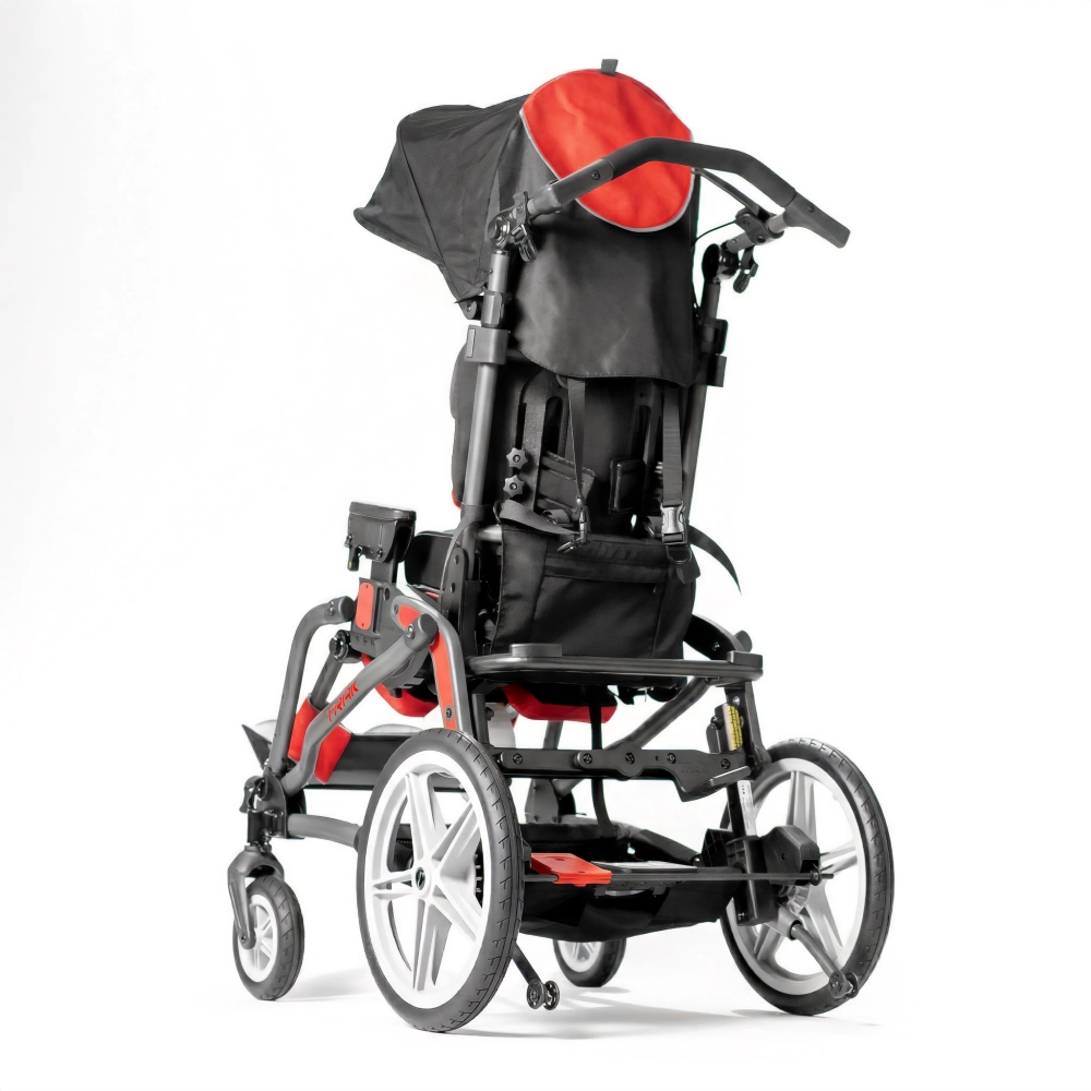 Carrinho postural Leggero Trak vermelho com capota e apoio de pés