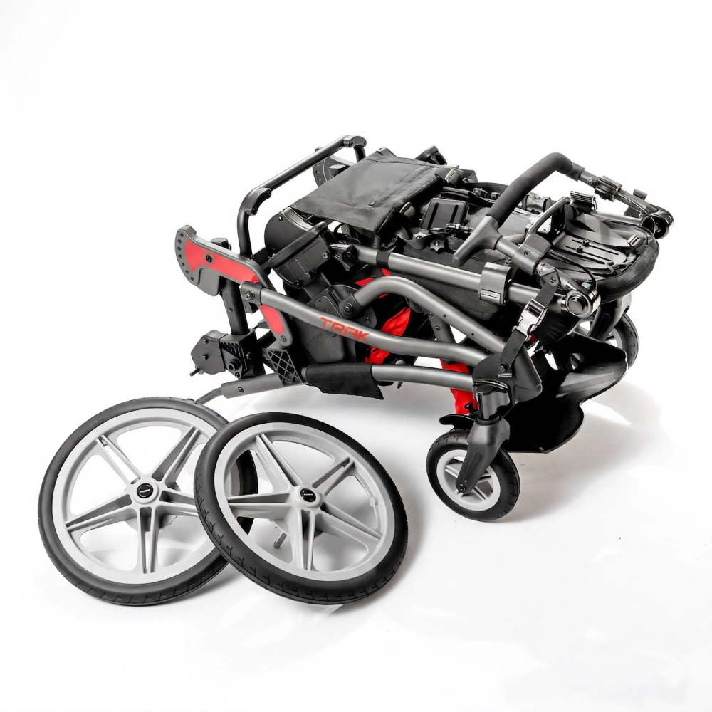 Carrinho postural Leggero Trak vermelho dobrado, com rodas removidas