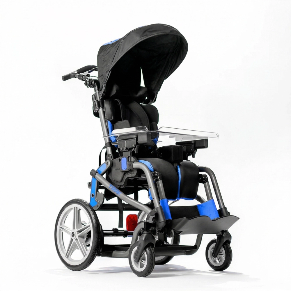 Carrinho postural infantil Leggero Trak azul, vista lateral